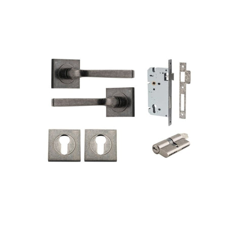 IVER Annecy Door Lever Handle On Square Rose Pair | Entrance Kit (Key/Key) | 9 Finishes - Distressed Nickel