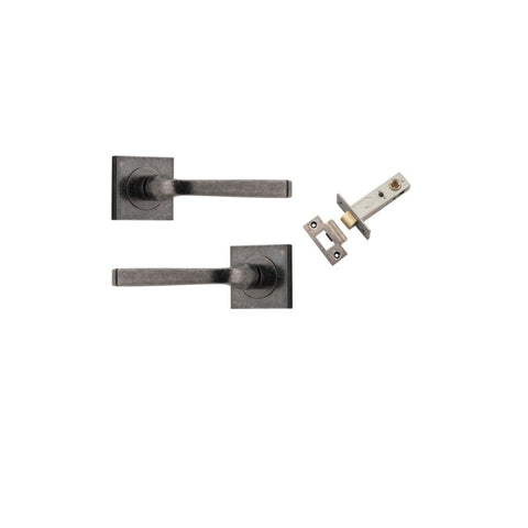 IVER Annecy Door Lever Handle On Square Rose Pair | Passage Kit | 9 Finishes - Distressed Nickel