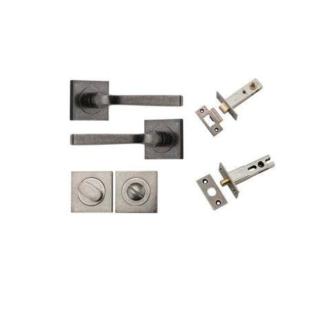 IVER Annecy Door Lever Handle On Square Rose Pair | Separate Privacy Kit | 9 Finishes - Distressed Nickel