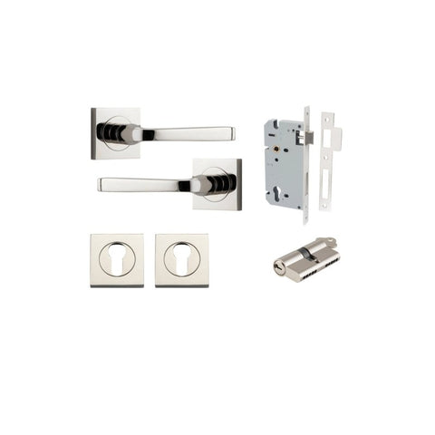 IVER Annecy Door Lever Handle On Square Rose Pair | Entrance Kit (Key/Key) | 9 Finishes - Polished Nickel