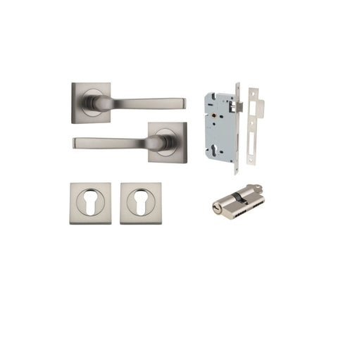 IVER Annecy Door Lever Handle On Square Rose Pair | Entrance Kit (Key/Key) | 9 Finishes - Satin Nickel