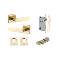 Iver Bronte Solid Brass Door Lever Handle On Square Rose | Entrance Kit (Key/Thumb) | 7 Finishes - Polished Brass