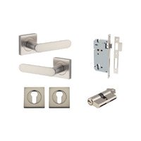 Iver Bronte Solid Brass Door Lever Handle On Square Rose | Entrance Kit (Key/Key) | 7 Finishes - Satin Nickel