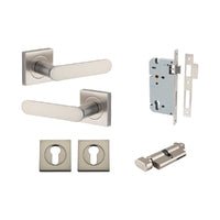 Iver Bronte Solid Brass Door Lever Handle On Square Rose | Entrance Kit (Key/Thumb) | 7 Finishes - Satin Nickel