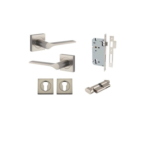 Iver Como Door Lever on Square Rose | Entrance Kit (Key/Thumb) | 7 Finishes - Satin Nickel