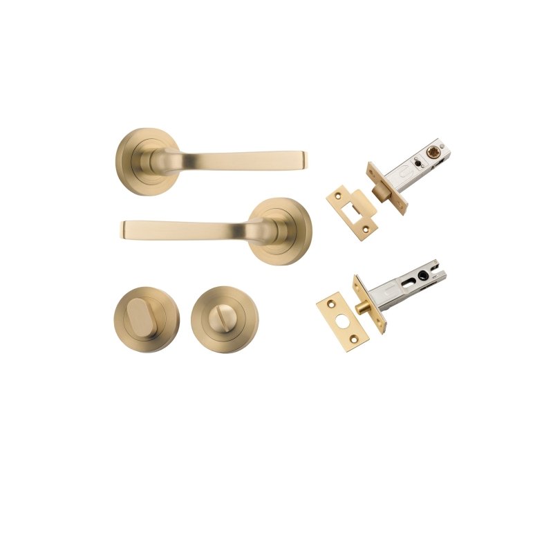 IVER Annecy Door Lever Handle On Round Rose Pair | Separate Privacy Kit | 9 Finishes - Brushed Brass