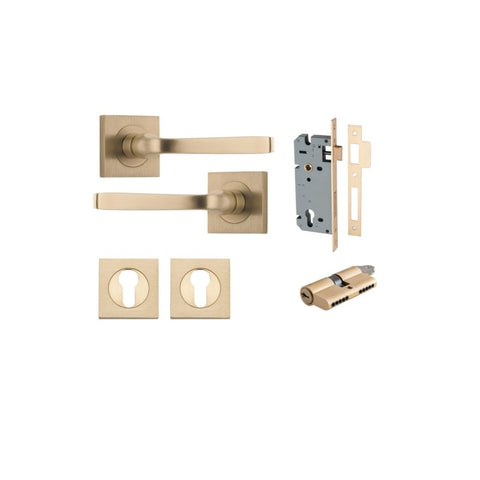 IVER Annecy Door Lever Handle On Square Rose Pair | Entrance Kit (Key/Key) | 9 Finishes - Brushed Brass