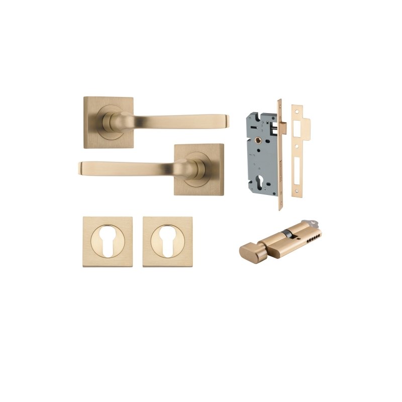 IVER Annecy Door Lever Handle On Square Rose Pair | Entrance Kit (Key/Thumb) | 9 Finishes - Brushed Brass