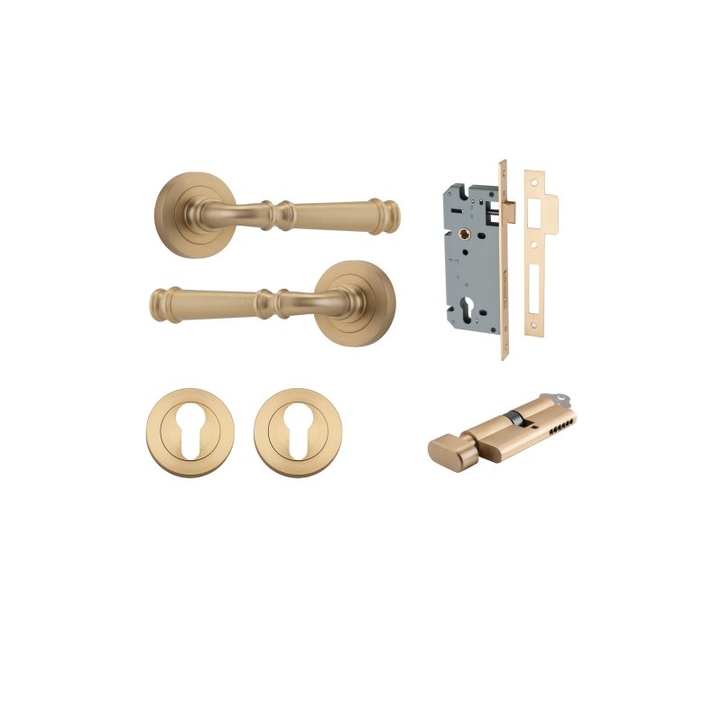 IVER Verona Door Lever Handle On Round Rose Pair | Entrance Kit (Key/Thumb) | 9 Finishes - Brushed Brass