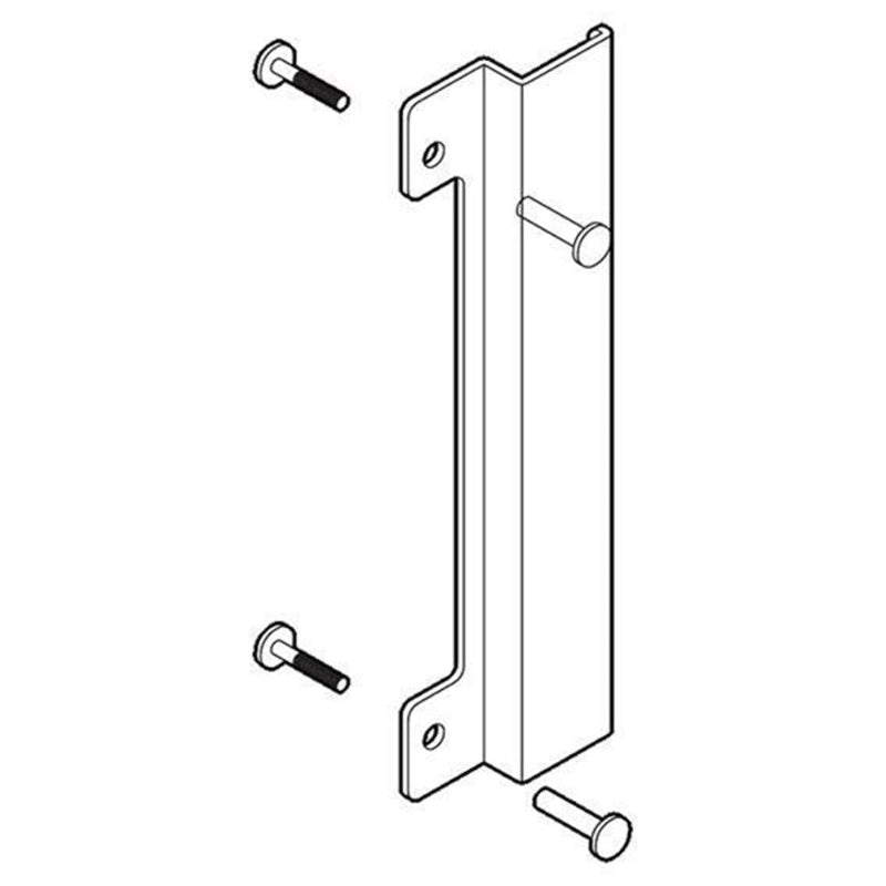 Black and white diagram of a metal bracket with screws on a white background