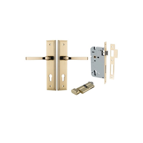 IVER Annecy Door Lever Handle On Stepped Backplate | Entrance Kit (Key/Thumb) | 9 Finishes - Polished Brass
