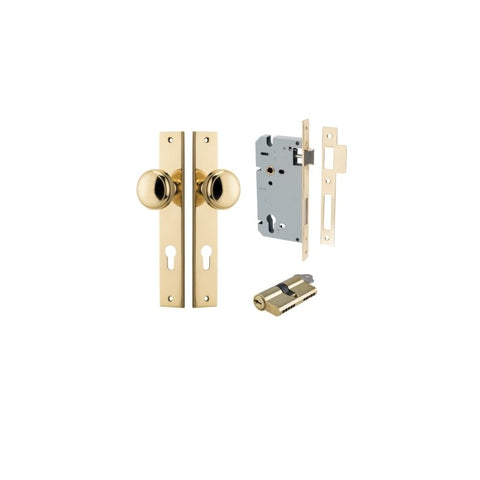 IVER Paddington Door Knob On Rectangular Backplate | Entrance Kit (Key/Key) | 9 Finishes - Polished Brass