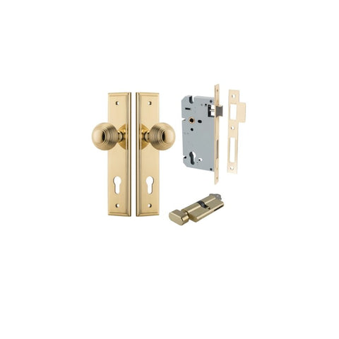 IVER Guildford Door Knob On Stepped Backplate | Entrance Kit (Key/Thumb) | 9 Finishes - Polished Brass