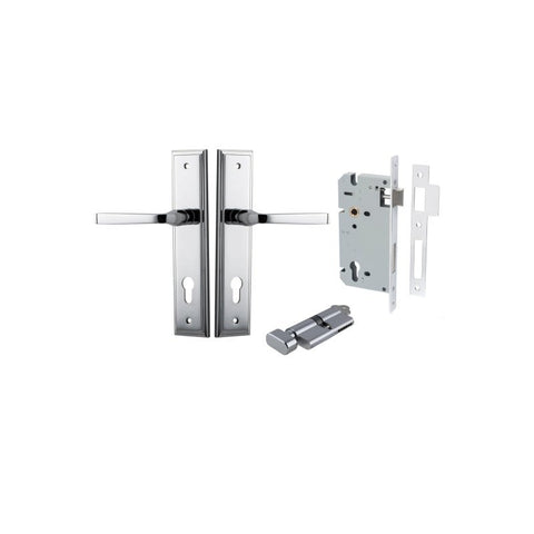 IVER Annecy Door Lever Handle On Stepped Backplate | Entrance Kit (Key/Thumb) | 9 Finishes - Polished Nickel