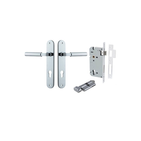 Iver Berlin Solid Brass Door Lever on Oval Backplate | Entrance Kit (Key/Thumb) | 7 Finishes - Polished Chrome