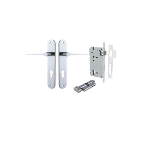 IVER Como Door Lever Handle On Oval Backplate | Entrance Kit (Key/Thumb) | 7 Finishes - Polished Chrome