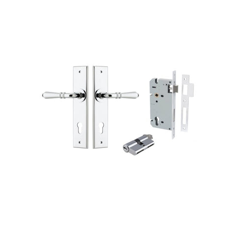 IVER Sarlat Door Lever Handle On Chamfered Backplate | Entrance Kit (Key/Key) | 10 Finishes - Polished Chrome