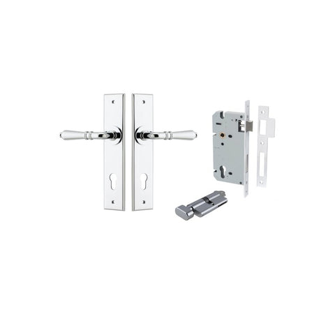 IVER Sarlat Door Lever Handle On Chamfered Backplate | Entrance Kit (Key/Thumb) | 10 Finishes - Polished Chrome