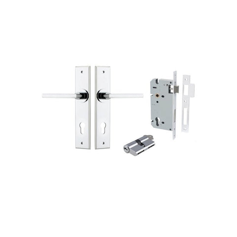 Iver Baltimore Door Lever Handle on Chamfered Backplate | Entrance Kit (Key/Key) | 7 Finishes - Polished Chrome