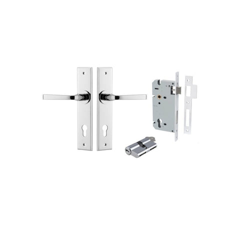IVER Annecy Door Lever Handle On Chamfered Backplate | Entrance Kit (Key/Key) | 9 Finishes - Polished Chrome