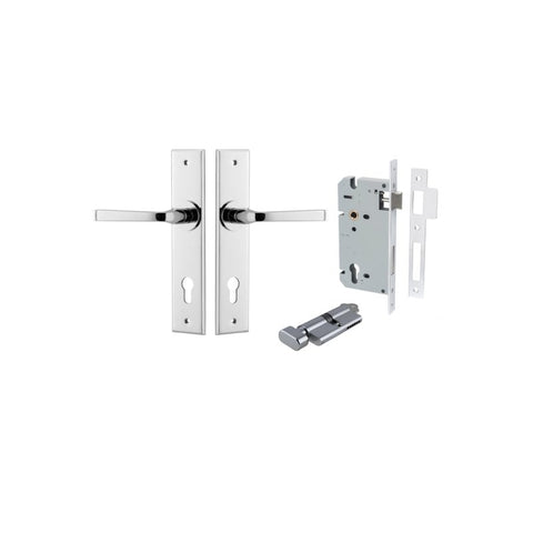 IVER Annecy Door Lever Handle On Chamfered Backplate | Entrance Kit (Key/Thumb) | 9 Finishes - Polished Chrome