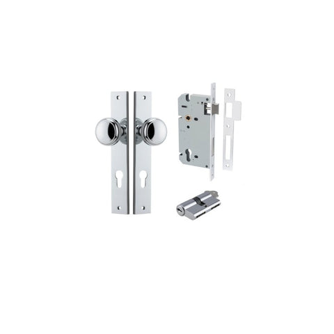 IVER Paddington Door Knob On Rectangular Backplate | Entrance Kit (Key/Key) | 9 Finishes - Polished Chrome