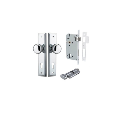 IVER Cambridge Door Knob On Stepped Backplate | Entrance Kit (Key/Thumb) | 9 Finishes - Polished Chrome