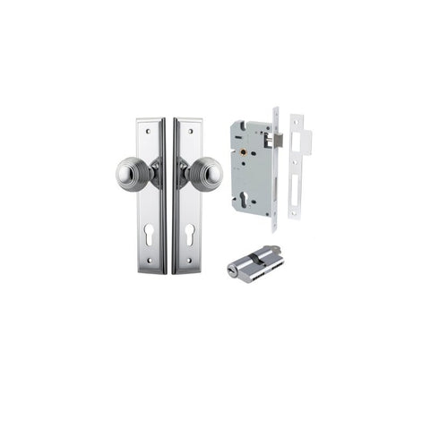 IVER Guildford Door Knob On Stepped Backplate | Entrance Kit (Key/Key) | 9 Finishes - Polished Chrome