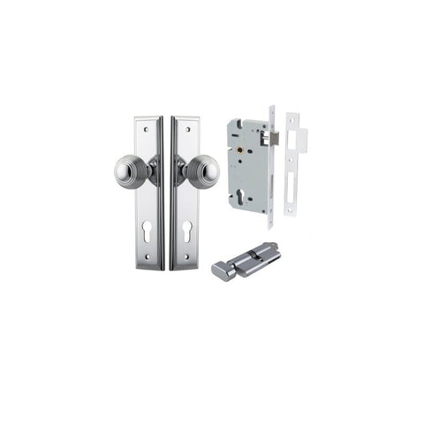 IVER Guildford Door Knob On Stepped Backplate | Entrance Kit (Key/Thumb) | 9 Finishes - Polished Chrome