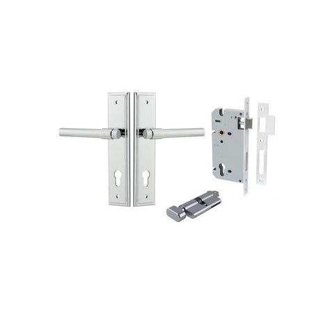 IVER Helsinki Door Lever Handle On Stepped Backplate | Entrance Kit (Key/Thumb) | 7 Finishes - Polished Chrome