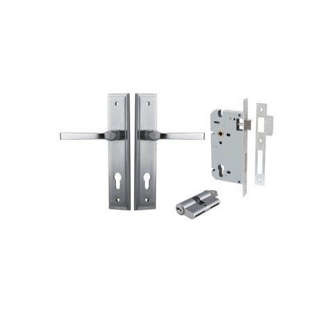 IVER Annecy Door Lever Handle On Stepped Backplate | Entrance Kit (Key/Key) | 9 Finishes - Brushed Chrome