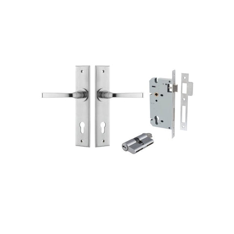 IVER Annecy Door Lever Handle On Chamfered Backplate | Entrance Kit (Key/Key) | 9 Finishes - Brushed Chrome