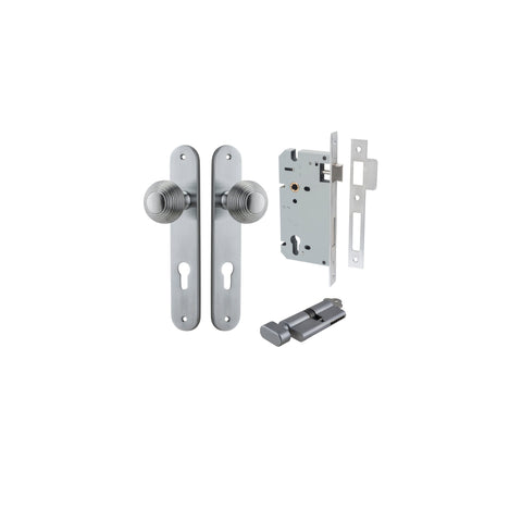 IVER Guildford Door Knob On Oval Backplate | Entrance Kit (Key/Thumb) | 9 Finishes - Brushed Chrome