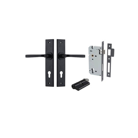 IVER Annecy Door Lever Handle On Chamfered Backplate | Entrance Kit (Key/Key) | 9 Finishes - Matt Black
