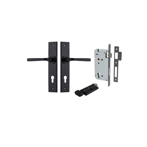 IVER Annecy Door Lever Handle On Chamfered Backplate | Entrance Kit (Key/Thumb) | 9 Finishes - Matt Black