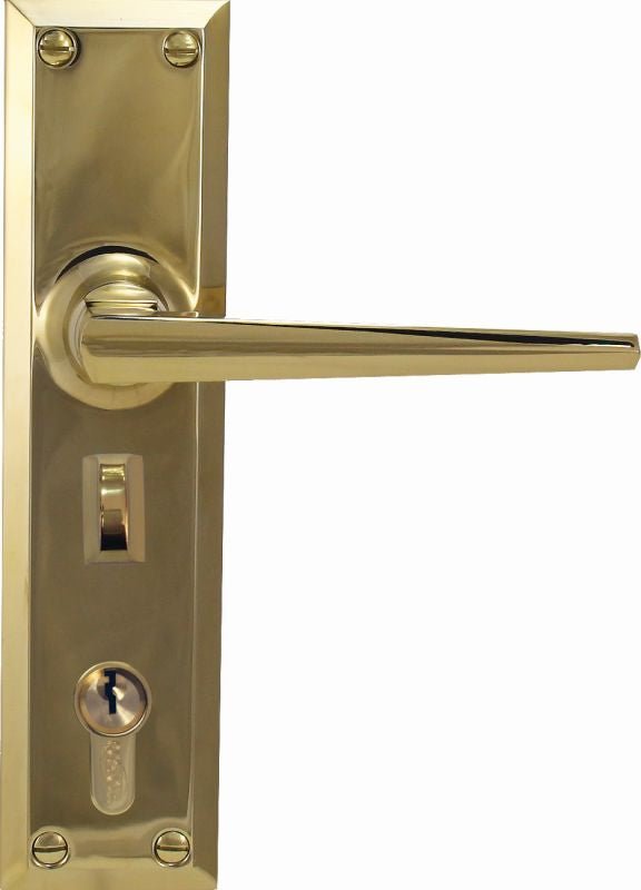Gold door handle and lock mechanism on a white background