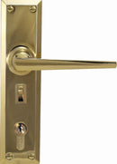 Gold door handle and lock mechanism on a white background