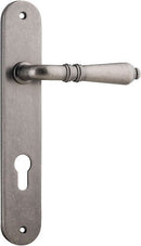 Iver Sarlat Solid Brass Door Lever on Oval Backplate | Entrance Lever Set Only | 10 Finishes - Distressed Nickel
