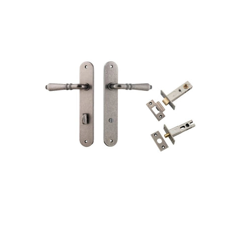 Iver Sarlat Solid Brass Door Lever on Oval Backplate | Separate Privacy Kit | 10 Finishes - Distressed Nickel
