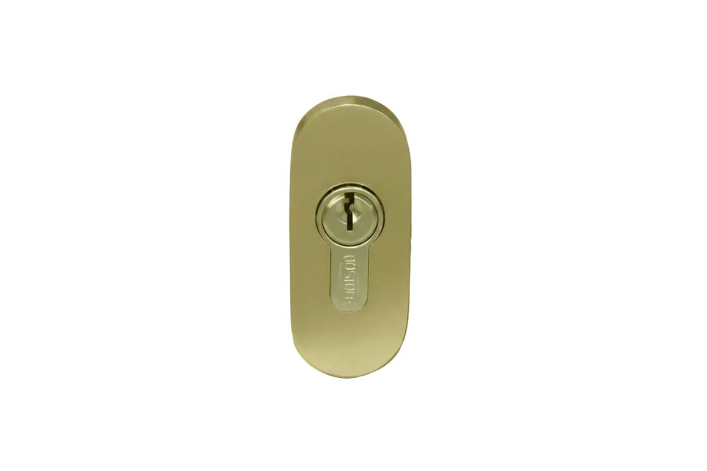 Brass door handle with keyhole on a white background