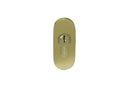 Brass door handle with keyhole on a white background