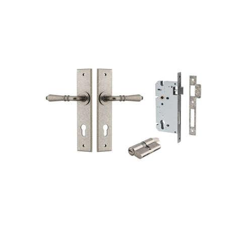 IVER Sarlat Door Lever Handle On Chamfered Backplate | Entrance Kit (Key/Key) | 10 Finishes - Distressed Nickel