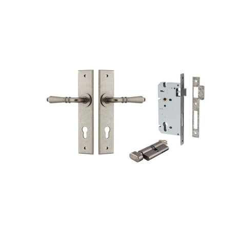 IVER Sarlat Door Lever Handle On Chamfered Backplate | Entrance Kit (Key/Thumb) | 10 Finishes - Distressed Nickel