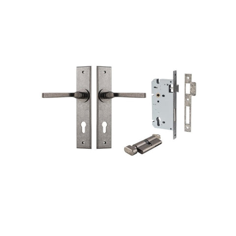 IVER Annecy Door Lever Handle On Chamfered Backplate | Entrance Kit (Key/Thumb) | 9 Finishes - Distressed Nickel