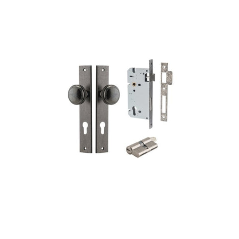 IVER Paddington Door Knob On Rectangular Backplate | Entrance Kit (Key/Key) | 9 Finishes - Distressed Nickel
