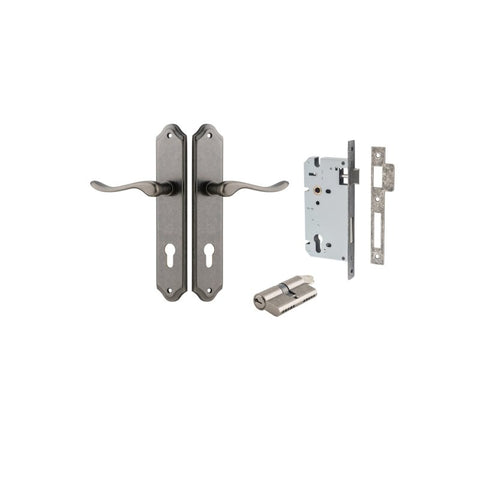 IVER Stirling Door Lever Handle On Shouldered Backplate | Entrance Kit (Key/Key) | 8 Finishes - Distressed Nickel