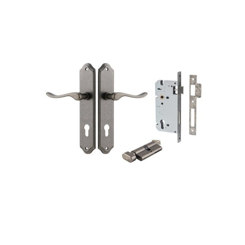 IVER Stirling Door Lever Handle On Shouldered Backplate | Entrance Kit (Key/Thumb) | 8 Finishes - Distressed Nickel