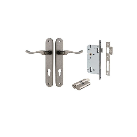 Iver Stirling Solid Brass Door Lever on Oval Backplate | Entrance Kit (Key/Key) | 8 Finishes - Distressed Nickel