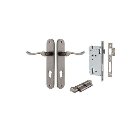 Iver Stirling Solid Brass Door Lever on Oval Backplate | Entrance Kit (Key/Thumb) | 8 Finishes - Distressed Nickel