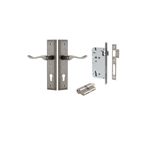 IVER Stirling Door Lever Handle On Stepped Backplate | Entrance Kit (Key/Key) | 8 Finishes - Distressed Nickel